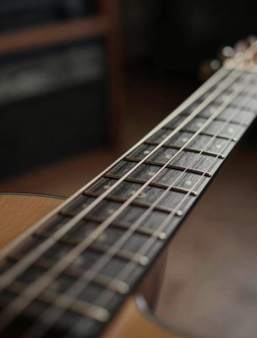A close-up photograph of guitar strings in a professional North American / US recording studio. The lighting is low and moody, featuring dark charcoal shadows and warm grey highlights. The focus is sharp on the texture of the metal strings, with an artistic blur in the background.