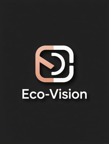 A minimalist, geometric logo design for Eco-Vision, centered on a dark background. The logo features clean lines and sophisticated modern typography. Lighting is soft and focused. Colors incorporate Platinum and Burnt Peach accents.