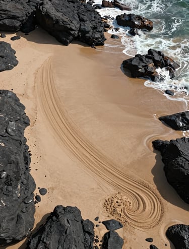 Top-down drone photography of a massive sand installation next to dark charcoal coastal rocks. The patterns in the soft sand are sharp and cinematic, contrasting with the foamy white surf of the sea.