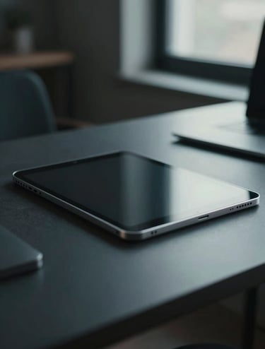 A close-up, cinematic photograph of a high-end, minimalist workstation in a North American / US loft. A sleek metallic tablet rests on a charcoal desk, reflecting soft, muted indigo light from a nearby window. The atmosphere is professional and restrained.