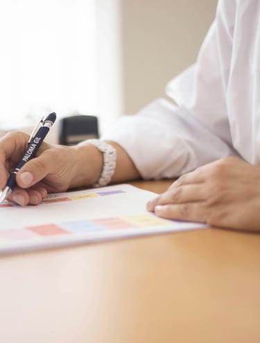 A doctor in a white lab coat writing on a medical document with a blue pen on a wooden desk.