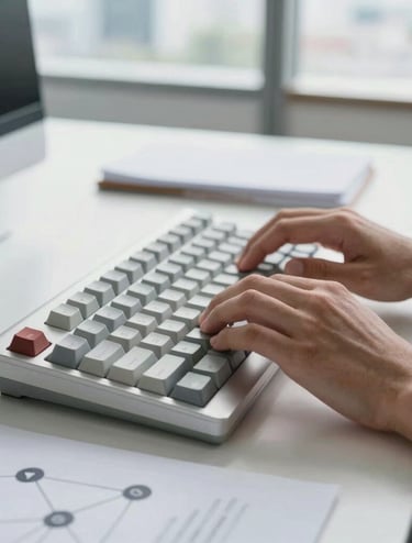 A close-up shot of hands typing on a mechanical keyboard in a bright, modern office with a white and clean aesthetic. A notebook on the desk shows neat diagrams of community networks and threat vectors. Soft daylight from a large window in Mexico City. High-end, professional, and intellectually rigorous.