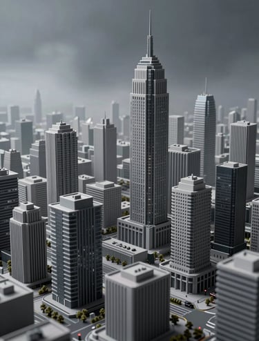 A professional wide-angle shot of a futuristic 3D city block model, inspired by North American / US urban design, rendered in deep slate and soft silver-grey with misty atmospheric lighting for depth.