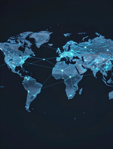 A sophisticated digital visualization of a global data network, featuring thin light blue lines connecting nodes across a dark slate background, conveying intellectual authority in tech analysis. The lighting is subtle and cinematic.