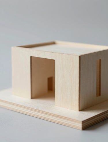 Architectural model made of balsa wood and clay, captured in soft morning light. The composition is minimalist, highlighting the texture of the materials. Professional architectural photography style with neutral tones (#F9F7F2) and charcoal shadows (#333333).