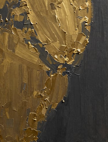 A high-detail macro photograph of a contemporary painting in an International / Global Art Scene gallery. The canvas shows rich textures with strokes of Bronze Gold and Deep Charcoal. Soft studio lighting highlights the impasto technique.