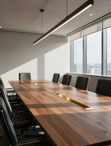 Architectural shot of a modern office conference room, natural light streaming across a long solid walnut table, minimalist brass detailing, structured layout.