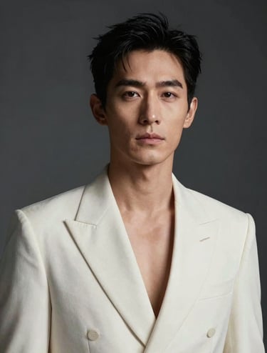 A vertical cinematic portrait of a male model wearing a structured soft off-white designer jacket against a deep slate grey studio background. High-contrast lighting highlights his facial structure, with a focus on a sharp, professional gaze. Cinematic high-key photography style.