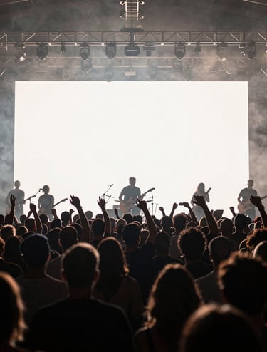 Atmospheric wide shot of a crowd at a Western European music venue, silhouetted against a bright off-white stage glow. Hazy muted gray smoke fills the air above the audience. Professional photography capturing live music energy.