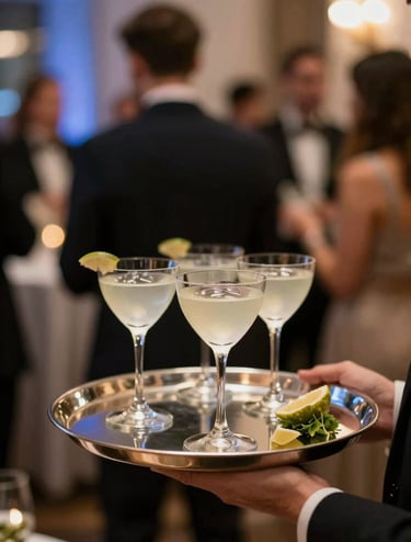 An elegant vertical shot of a designer cocktail tray at a high-end corporate event. The lighting is warm and sophisticated, highlighting the glassware and garnishes. The background shows blurred silhouettes of guests in evening attire, incorporating the #20232B and #F7F5F0 brand palette through the decor and lighting.