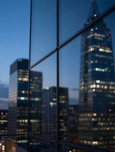 Extreme close-up of a glass facade reflecting city lights at twilight. Deep blue tones (#4A616F) and sharp highlights (#F2F5F7). Cinematic texture with shallow depth of field.