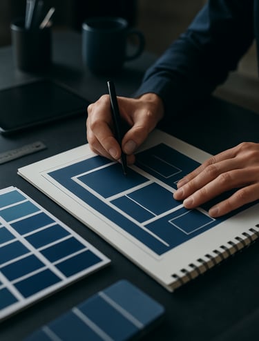 Close-up photography of a designer's hands working on a layout for an e-book in a sophisticated South American studio, soft focus on professional tools, color palette of deep navy and steel blue.