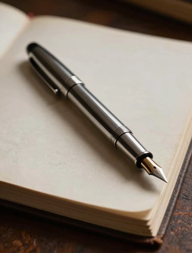 A close-up shot of a vintage silver fountain pen resting on a stack of cream-colored thick manuscript paper. The lighting is low and atmospheric, casting deep espresso-colored shadows and highlighting the metallic texture of the pen. The setting is a quiet, scholarly desk.