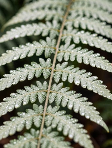 Close-up photography of a dew-covered fern leaf in a North American / US forest, sharp focus on texture, soft natural lighting, sage green and off-white highlights.