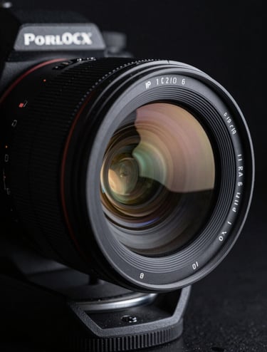 A close-up of a high-end professional camera lens reflecting a North American / US film set. The lighting is dramatic and high-contrast, featuring deep black shadows and cool grey highlights, capturing a sophisticated cinematic mood.
