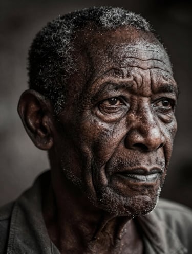 A close-up, high-contrast portrait of an elderly Angolan man, his face telling a story of decades, cinematic side-lighting, deep black and charcoal grey shadows, artistic documentary style.