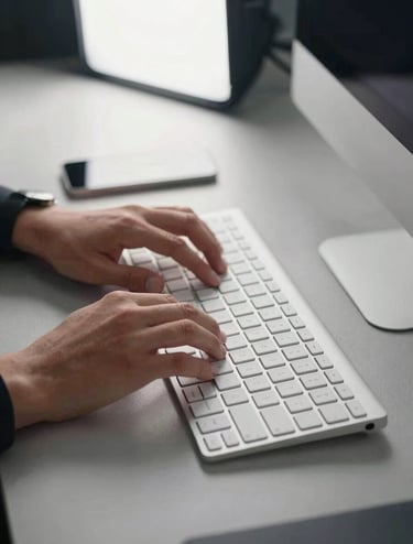 A close-up photograph of a professional designer's hands interacting with a minimalist computer keyboard in a modern North American / US office. The workspace features soft light grey surfaces and deep black accents, with professional soft-box lighting.