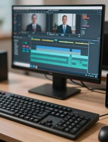A close-up shot of a professional video editing console and high-end keyboard. The computer monitor in the background shows a timeline of a corporate presentation with teal and charcoal color grading. Professional studio lighting with soft sand ambient tones.