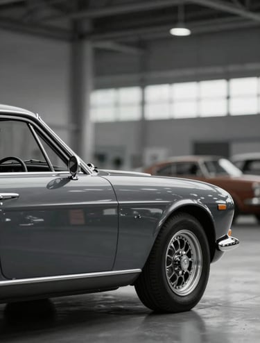 A close-up side profile of a vintage 1960s sports car in a deep charcoal gray. The lighting is cinematic, highlighting the metallic curves and chrome accents. The background is a blurred airport hangar with subtle #5D6D7E and #1C2833 tones. Sophisticated and sharp focus.
