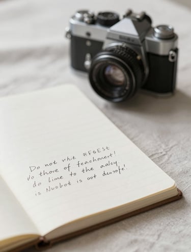 Close-up of a vintage film camera and a handwritten journal on a linen cloth. Soft morning shadows, minimalist and nostalgic feel, incorporating tones of #F8F4F0 and #8F6E5F.