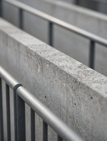 A close-up shot of weathered concrete textures and metallic railings in an urban environment. Soft, diffused morning light. The aesthetic is contemporary and clean, using a palette of #2F363F and #D0D5DB.