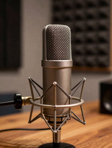 A close-up photograph of a professional condenser microphone in a cozy, dimly lit studio. Warm light accents the metallic texture of the microphone, with soft-focus charcoal acoustic panels and a warm brown wooden desk in the background.