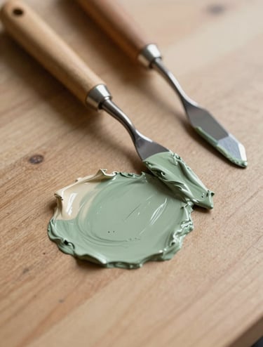 Macro photography of an artist's workspace in the US. Several palette knives are coated with thick, textured sage green and cream acrylic paint. The lighting is warm and directional, showing the fine detail of the pigment on a tan wooden surface.