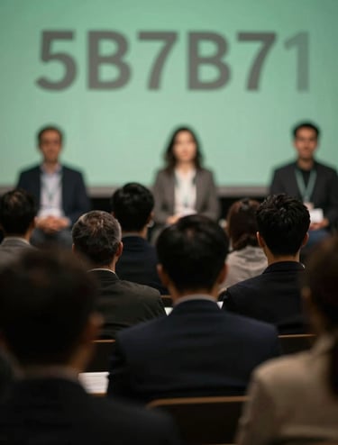 A sophisticated documentation of a public symposium, showing blurred silhouettes of speakers against a backdrop of soft green lighting #5B7B71, conveying intellectual discourse and refined cultural programming.
