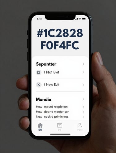 A close-up photograph of a smartphone held in a hand, displaying a responsive mobile navigation menu. The design is clean, with typography in #1C2826 against an #F0F4F4 background. The lighting is soft and professional, highlighting functionality.