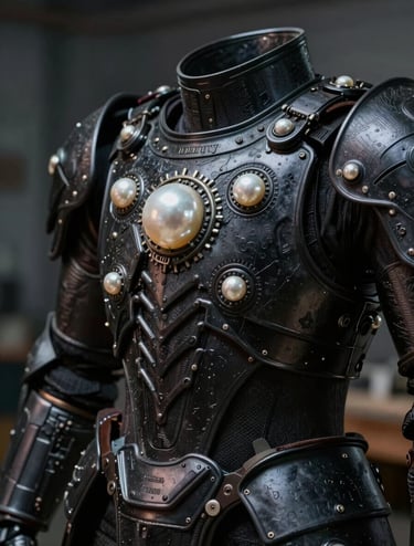 A close-up macro photograph of a high-tech armor prop in a North American / US workshop. The piece features intricate textures in charcoal black and pearl, illuminated by cinematic studio lighting with deep slate shadows.