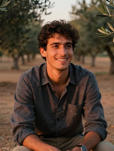A natural, cinematic photograph of a young man smiling warmly while looking slightly off-camera, sitting outdoors in an olive grove in Spain / Southern Europe. The setting sun casts a beautiful warm orange glow on his face. Soft, natural textures of sandy ground and dusty green olive leaves. Color palette features sand, warm terracotta, and subtle charcoal tones.