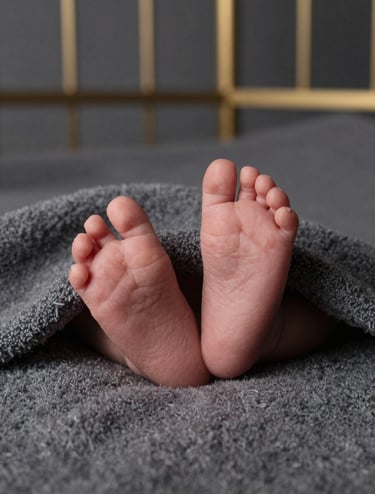 A close-up artistic photograph of a newborn baby's tiny feet resting on a soft charcoal grey textured blanket. The lighting is soft and directional, highlighting the delicate skin. The background is a minimalist Turkish / Istanbul studio interior with subtle metallic gold accents.