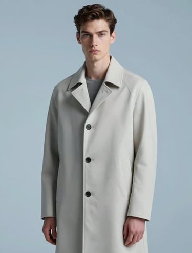 A high-fashion shot of a man in a structured minimalist coat, clean studio background with soft #3D5A80 blue lighting shadows, hyper-realistic texture, modern art aesthetic.