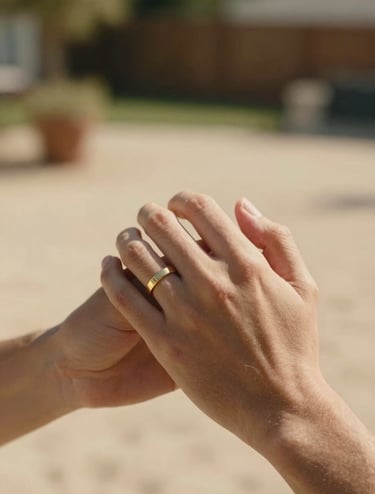 A close-up, cinematic photograph of two hands interlocked, showing a simple gold band on a finger. The lighting is warm and sun-drenched, captured in a North American backyard setting with soft sand colored bokeh in the background.