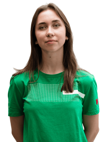 a woman in a green shirt