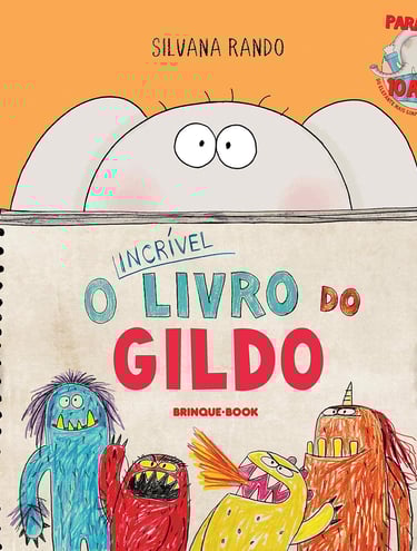 O Livro do Gildo book cover by Silvana Rando featuring a cartoon elephant holding a notebook of colorful monsters.