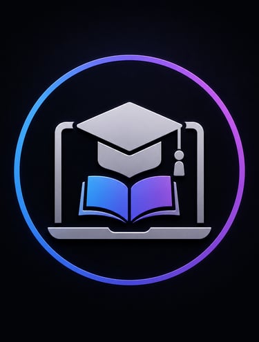 A metallic silver laptop icon with a graduation cap and open book inside a glowing neon circle for online learning.