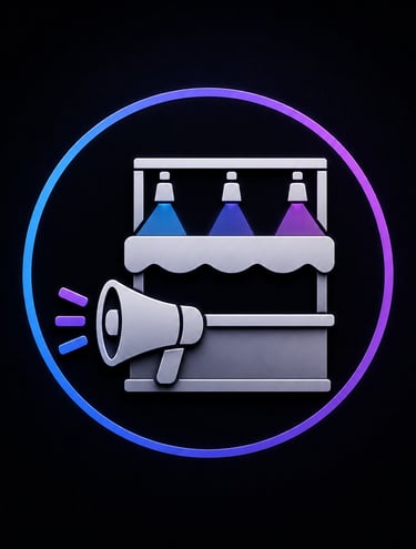 Silver 3D market stall icon with a megaphone and neon lights for retail marketing and promotion.