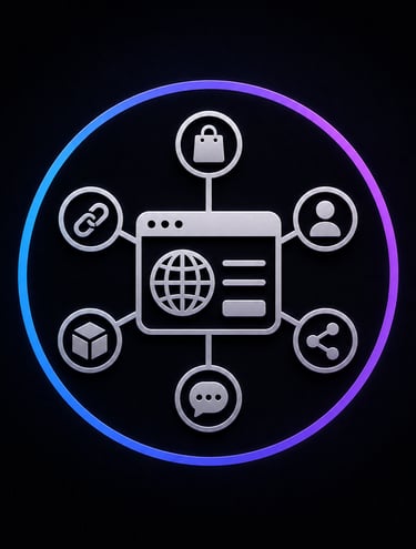 Digital marketing ecosystem icon showing a global website linked to social, shopping, and networking symbols.