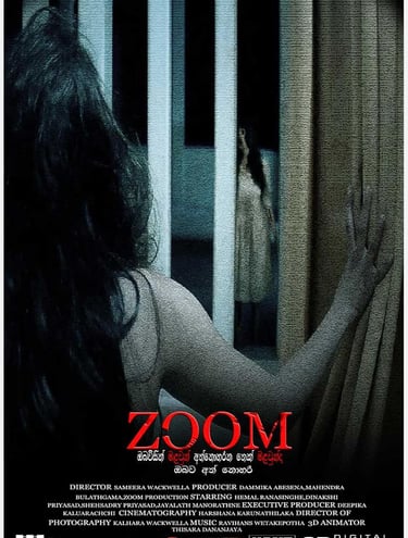 Official movie poster for the Sri Lankan horror film Zoom, featuring a woman looking through a dark window.