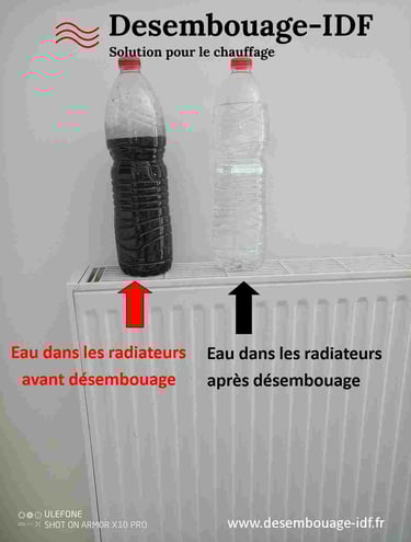 Couleur de l'eau du réseau de chauffage avant et après désembouage professionnel