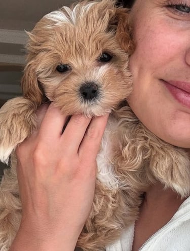 maltipoo owner smiling happily with her new puppy.  