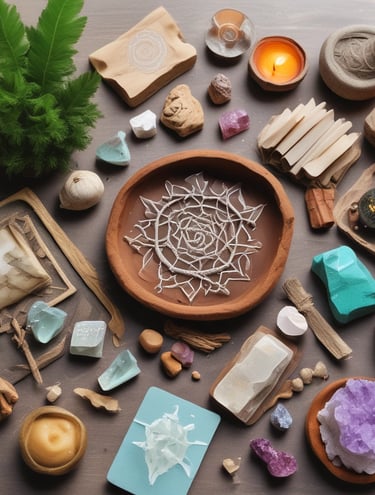 An arrangement of mystical and spiritual items on a soft white fabric. A notebook with intricate designs featuring an eye symbol, alongside a tarot card depicting a seated figure. A wooden incense holder, a crystal, and a small bottle of essential oil or perfume are nearby. A decorative stone with black patterns and a bundle of dried herbs rest on a small black dish. A woven fabric with sun and moon designs is draped in the background.
