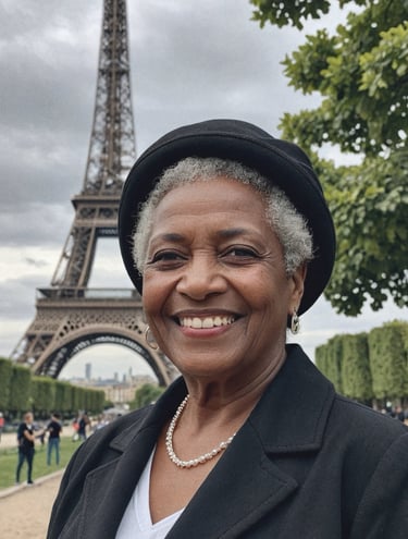 A beautiful older black woman in front of the Eiffel Tower