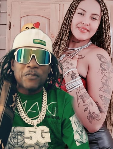 a woman with tattoos on her chest and a man with a hat