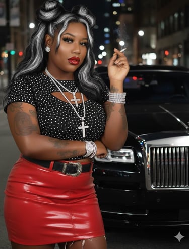 a woman in a red skirt and black top