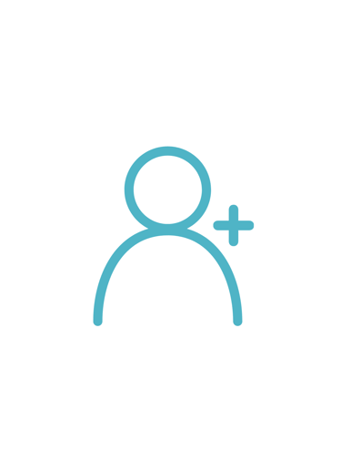 Light blue line art icon of a person with a plus sign for adding a new user or contact.