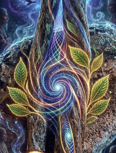ayahuasca ceremony with shamans, luminous and sacred cosmic vines.