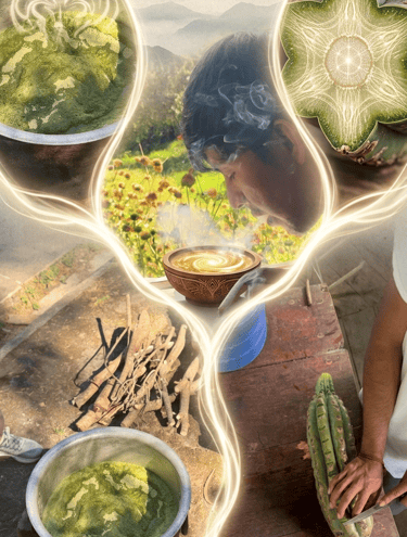 San Pedro cactus ceremony preparation showing Huachuma brewing in a pot and shamanic rituals.
