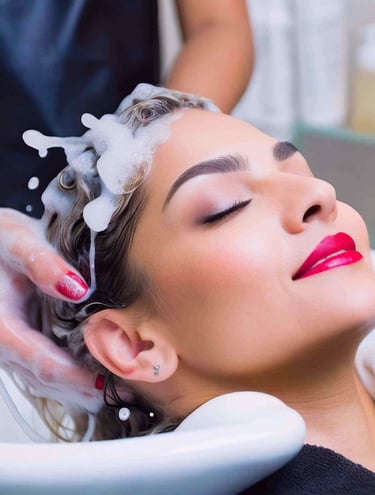a woman is getting her hair washed in salon